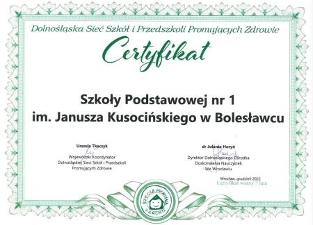 Certyfikat Szkoły Promującej Zdrowie