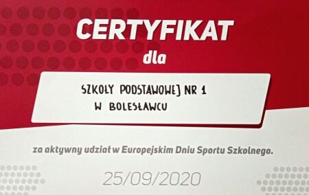 CERTYFIKAT EUROPEJSKIEGO DNIA SPORTU SZKOLNEGO DLA SP1 